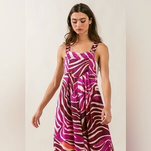 BiBi Wide-Leg Jumpsuit in Fuchsia, White & Brown Abstract Print